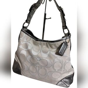 Coach Peyton White Canvas Silver Metallic Leather Hobo Purse.